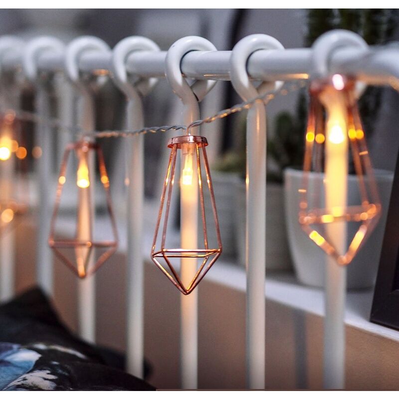 10 luces LED de cadena de diamantes de 6.6 pies con pilas, luces de hadas geométricas blanco cálido, lámparas de decoración de metal de oro rosa para dormitorio Navidad rtc