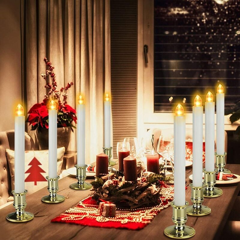 6pcs Temporizadores remotos Funciona con pilas Parpadeo Sin llama LED Luces de velas eléctricas con base dorada Portavelas cónico para decoraciones navideñas