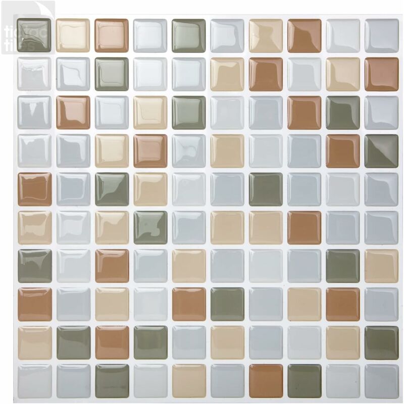 23,6x23,6 cm, Azulejos de mosaico 3D Adhesivo Pegatinas de pared Azulejos Backsplash Adhesivo Cocina Pegatinas de pared Azulejos adhesivos Baño Revestimiento de pared - Gris Caqui Beige