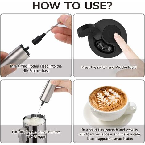 Espumador de café de mano, espumador de mano recargable por USB con 2  batidores de acero inoxidable, espumador de leche de mano ajustable de 3