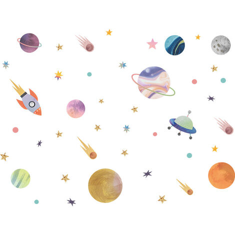 Un conjunto de pegatinas de pared Rocket Star Planets, pegatinas de pared extraíbles para sala de estar y dormitorio, oficina, cocina