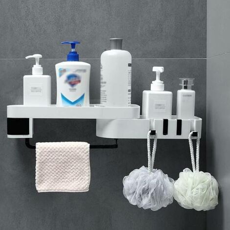 Organizador de ducha esquinero – Estante de baño adhesivo con ganchos de  acero inoxidable, soporte para pasta de dientes, accesorios de estante de