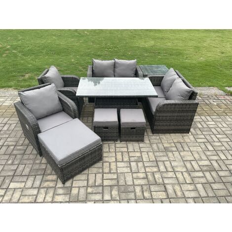 Fimous Polyrattan Gartenmöbel Set Höhenverstellbarer aufsteigender Esstisch Stuhl Liebe Sofa mit Beistelltisch 3 Fußhocker (1/5)