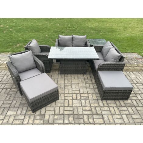 Fimous 8-Sitzer Rattan Möbel Garten Dining Set im Freien Höhenverstellbarer aufsteigender Tisch Liebe Sofa Stuhl mit Beistelltisch 2 Fußhocker (1/5)