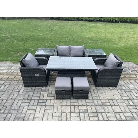 Fimous 6-Sitzer Rattan Outdoor Möbel Garten Dining Set Patio Höhe Einstellbare Steigende Hubtisch Liebe Sofa Stuhl Mit 2 Beistelltische Hocker (1/5)