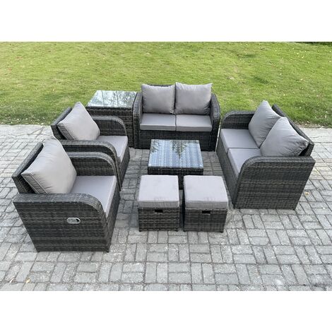 Fimous 8-Sitzer Rattan Sofa Set Outdoor Gartenmöbel Set mit quadratischem Couchtisch Loveseat Sofa Liegende Stühle Beistelltisch 2 Kleine Fußhocker Dunkelgrau Gemischt (1/5)