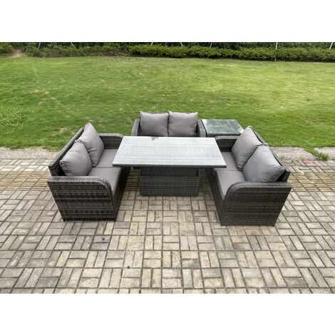 Fimous Rattan Möbel Garten Essplatz Höhen justierbarer steigender Hubtisch im Freien mit Liebes Sofa Beistelltisch (1/5)