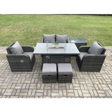 Fimous Rattan Gartenmöbel Set Outdoor Patio Gas Feuerstelle Esstisch und Stühle mit Beistelltisch Love Sitz Sofa 2 Kleine Fußhocker (1/5)