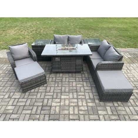 Fimous Outdoor Sofa Rattan Gartenmöbel Set Patio Gas Feuerstelle Esstisch und Liegestuhl Set mit 2 Beistelltischen 2 Big Foothocker Dunkelgrau Gemischt (1/5)