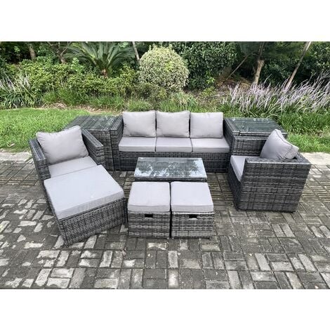 Fimous 8 Sitzer Rattan Gartenmobel Set Outdoor Patio Sofa Set mit 2 Sesseln 2 Beistelltische Oblong Tisch 3 FuBhocker Dunkelgrau Gemischt