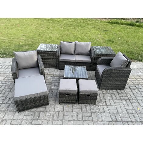 Fimous Rattan Gartenmöbel Set Patio Conservatory Indoor Outdoor 9-teiliges Set mit Liebe Sofa Quadratischer Couchtisch 3 Fußhocker 2 Beistelltische (1/5)