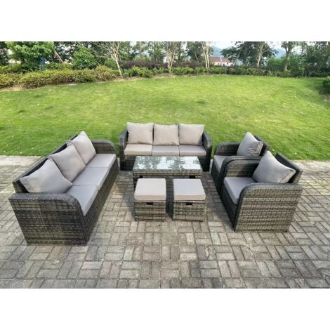 Fimous 10-Sitzer Dunkelgrau PE Wicker Rattan Gartenmöbel Set Liegestuhl 3-Sitzer Lounge Sofa Set Outdoor Rechteckiger Couchtisch (1/5)