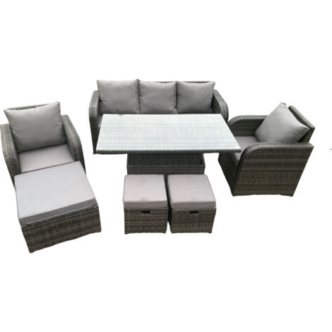 Fimous Rattan-Möbel-Garten-Dining-Sets Höhenverstellbarer steigender Hubtisch und Stuhl-Satz mit Lounge-Sofa-3-Hockern (1/5)