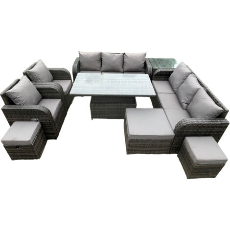 Fimous Wicker PE Rattan Outdoor Gartenmöbel Sets Höhenverstellbare aufsteigende DiningTable Sofa Set mit Liegestuhl Beistelltisch 3 Fußhocker Dunkelgrau gemischt (1/5)