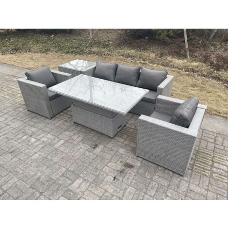 Fimous Rattan Gartenmöbel Set mit Sofa, Höhe verstellbar Esstisch ,2 Sessel,Beistelltisch,Outdoor Terrassen Essgruppe 5-teilige Sitzgruppe Helles Grau (1/5)