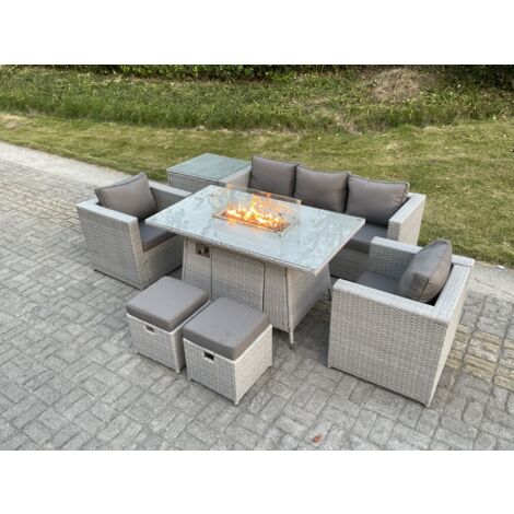 Fimous 7-Sitzer Polyrattan Gartenmöbel Set im Freien Gas Feuertisch Sofa Sets mit 2 Sessel Beistelltisch 2 Kleiner Hocker Helles Grau (1/5)