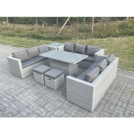Fimous Rattan Gartenmöbel Set mit Sofa, Höhe verstellbar Esstisch und 2 Hocker,Beistelltisch,Outdoor Terrassen Essgruppe 7-teilige Sitzgruppe Helles Grau (1/5)