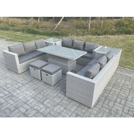 Fimous Rattan Gartenmöbel Set mit Sofa, Höhe verstellbar Esstisch und 2 Hocker,2 Beistelltisch,Outdoor Terrassen Essgruppe 8-teilige Sitzgruppe Helles Grau (1/5)