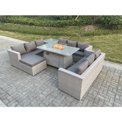 Fimous Polyrattan Gartenmöbel Set im Freien Gas Feuertisch Sofa Sets mit Beistelltisch Großer Hocker Helles Grau (1/5)