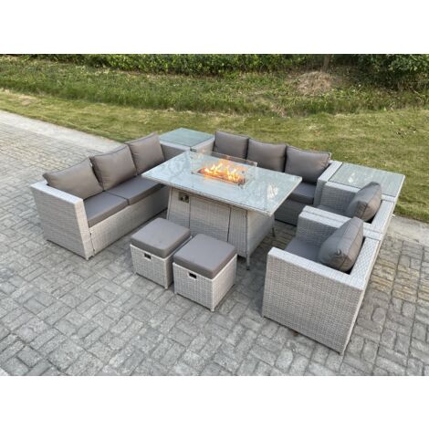 Fimous Polyrattan Gartenmöbel Set im Freien Gas Feuertisch Sofa Sets mit 2 Sessel 2 Beistelltisch 2 Kleiner Hocker Gas Feuerstelle Helles Grau (1/5)