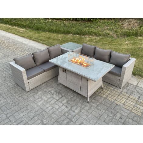 Fimous Gas Feuertisch für den Außenbereich Rattan Gartenmöbel Set mit Sofa Beistelltisch Gas Feuerstelle Helles Grau (1/5)