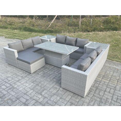 Fimous Rattan Gartenmöbel Set mit Sofa, Höhe verstellbar Esstisch und Hocker,2 Beistelltisch,Outdoor Terrassen Essgruppe 7-teilige Sitzgruppe Helles Grau (1/5)