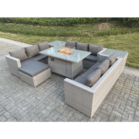 Fimous Polyrattan Gartenmöbel Set im Freien Gas Feuertisch Sofa Sets mit 2 Beistelltisch Großer Hocker Helles Grau (1/5)