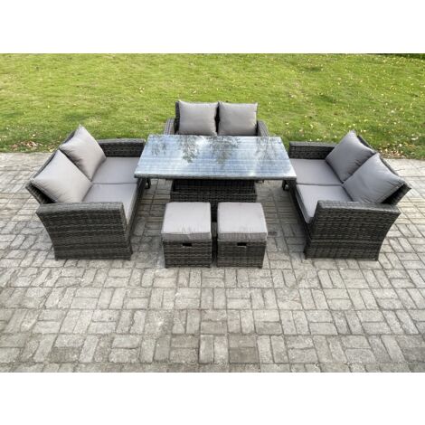 Fimous Polyrattan Gartenmöbel Set Einstellbare Höhe Esstisch Sofa Set mit Doppelsitz-Sofa 2 Kleiner Fußhocker Dunkelgrau Gemischt (1/5)
