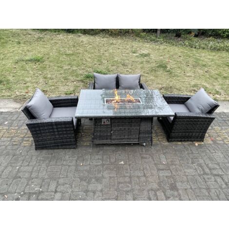 Fimous Polyrattan Gartenmöbel Set Gasfeuerstelle Rechteckiger Esstisch Gasheizgerät Sessel Liebe Sofa Sets 4-Sitzer (1/5)