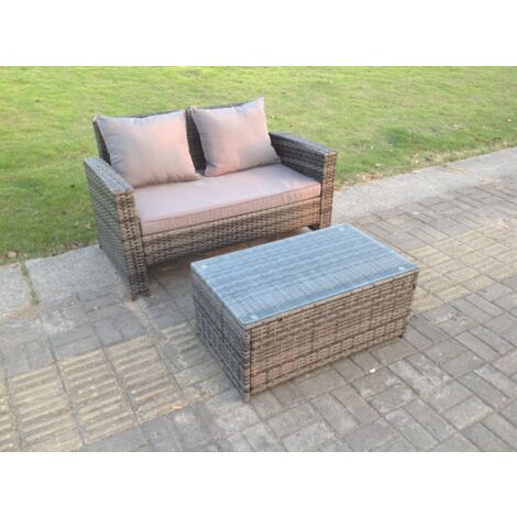 Fimous Dunkelgrau Gemischt Hoher Rücken Rattan Gartenmöbel Set 2-Sitzer Liebessitz-Sofa mit Oblong Couchtisch (1/2)