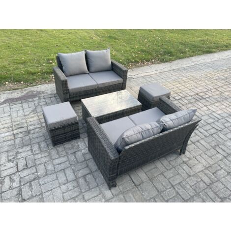 Fimous Rattan Gartenmöbel Sofa Set mit Rechteckig Couchtisch Doppelsitz-Sofa 2 Kleiner Fußhocker 6-Sitzer Gartenlounge Set Dunkelgrau Gemischt (1/5)