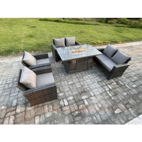 Fimous Polyrattan Gartenmöbel Set 6-Sitzer Gas Feuerstelle Esstisch Heater Set mit Doppelsitz-Sofa Dunkelgrau Gemischt (1/5)