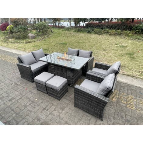 Fimous Polyrattan Gartenmöbel Set Gasfeuerstelle Rechteckiger Esstisch Gasheizgerät Sessel Liebe Sofa Sets mit Hocker 8-Sitzer (1/5)