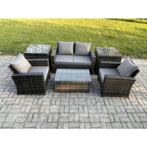 Fimous Garten Lounge Set Polyrattan Gartenmöbel Set mit Rechteckig Couchtisch Doppelsitz-Sofa 2 Beistelltische Dunkelgrau Gemischt (1/5)