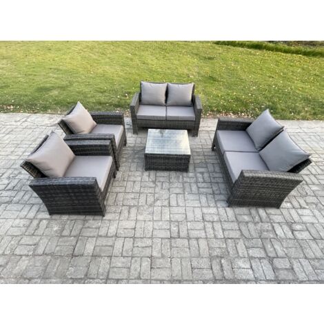 Fimous Polyrattan Gartenmöbel Set 6-Sitzer Patio Garten Lounge Set mit Quadratisch Couchtisch Doppelsitz-Sofa Dunkelgrau Gemischt (1/5)