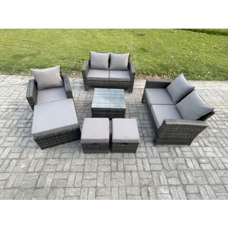 Fimous 8-Sitzer Polyrattan Gartenmöbel Set Im Freien Sitzgruppe Couchtisch Set mit Stuhl 3 Hocker Dunkelgrau Gemischt (1/5)