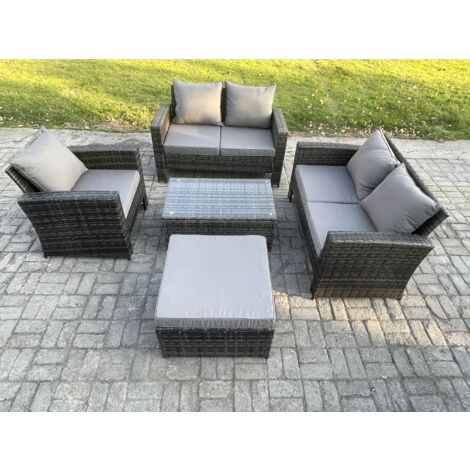 Fimous Rattan Gartenmöbel Sofa Set mit Rechteckig Couchtisch Doppelsitz-Sofa Stuhl Großer Fußhocker 6-Sitzer Gartenlounge Set Dunkelgrau Gemischt (1/5)