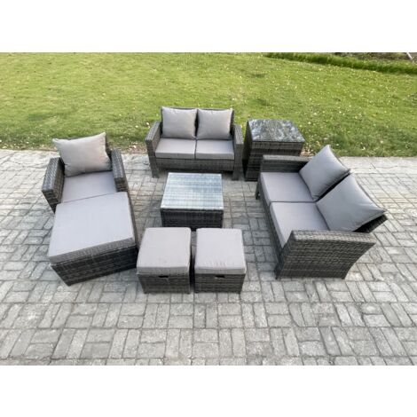 Fimous 8-Sitzer Polyrattan Gartenmöbel Set Im Freien Sitzgruppe Couchtisch Set mit Stuhl Beistelltische 3 Hocker Dunkelgrau Gemischt (1/5)