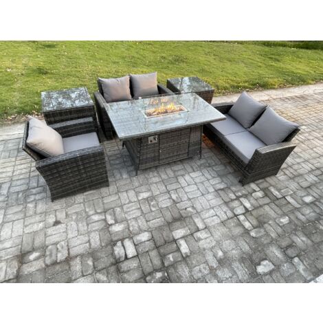 Fimous Rattan Gartenmöbel im Freien Gas Feuerstelle Tisch Sets Gasheizgerät mit Liebes-Sofa Stuhl 2 Beistelltische 5-Sitzer Dunkelgrau Gemischt (1/5)