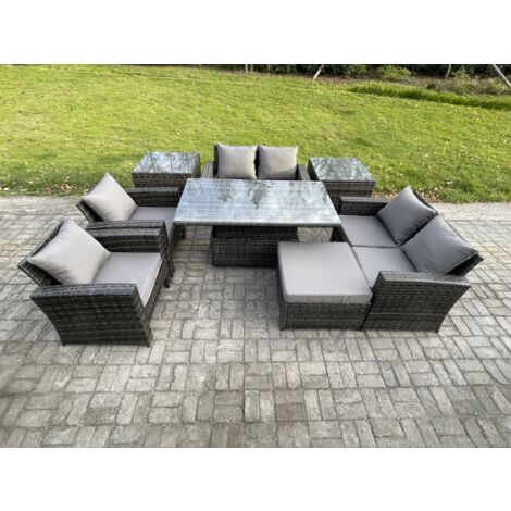 Fimous Rattan Gartenmöbel Set im Balkon Einstellbare Höhe Esstisch Sofa Set mit Doppelsitz-Sofa 2 Beistelltische Großer Fußhocker Dunkelgrau Gemischt (1/5)