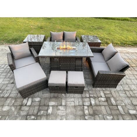 Fimous 8-Sitzer Rattan Gartenmöbel im Freien Gas Feuerstelle Tisch Sets Gasheizgerät mit Liebes-Sofa Stuhl 3 Hocker 2 Beistelltische Dunkelgrau Gemischt (1/5)