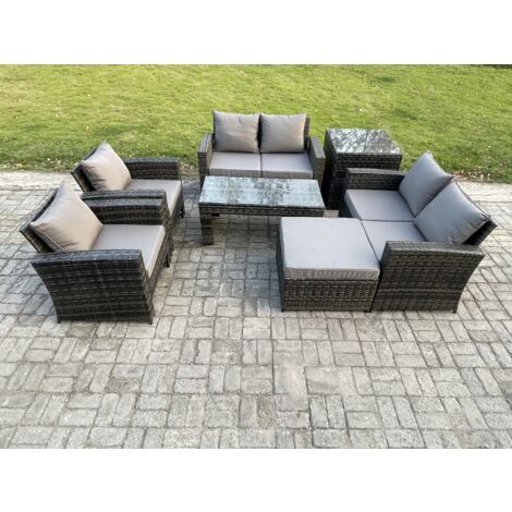 Fimous 7-Sitzer Dunkelgrau Gemischt Hoher Rücken Rattan Sofa Set Couchtisch Gartenmöbel Sitzgruppe mit Liebes-Sofa Lehnstuhl Großer Fußhocker Beistelltische (1/5)