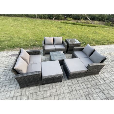 Fimous Garten Lounge Set Polyrattan Gartenmöbel Set mit Quadratisch Couchtisch Doppelsitz-Sofa 2 Großer Fußhocker Beistelltische Dunkelgrau Gemischt (1/5)