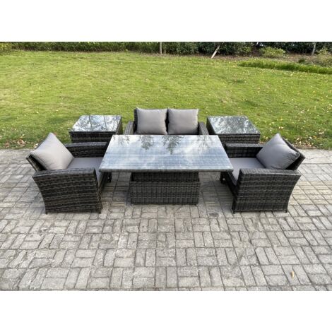 Fimous Polyrattan Gartenmöbel Set Essgruppe Lounge Esstisch mit Sofa 2 Beistelltische Dunkelgrau Gemischt