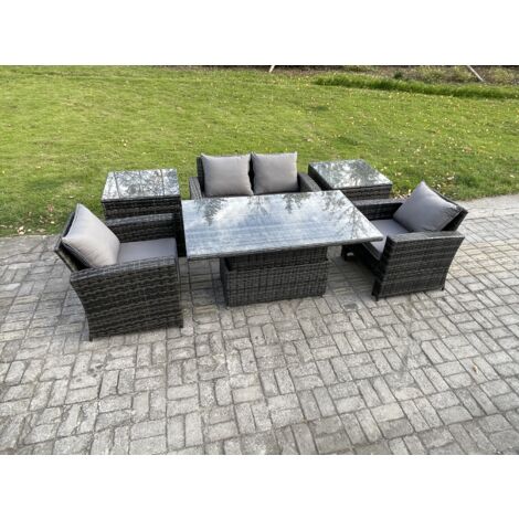 Fimous Polyrattan Gartenmöbel Set Essgruppe Lounge Esstisch mit Sofa 2 Beistelltische Dunkelgrau Gemischt