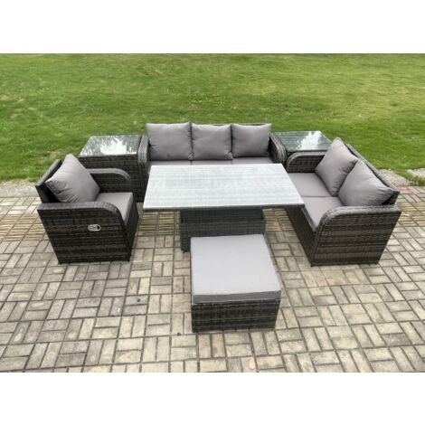 Fimous Rattan Gartenmöbel im Freien Patio höhenverstellbarer Tisch Liegestühle Sofa mit 2 Beistelltischen 2 Großer Hockern Dunkelgrau Gemischt (1/5)