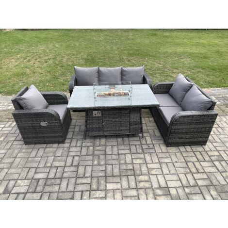 Fimous Polyrattan Gartenmöbel Set mit Gasfeuerstelle Esstisch 6-Sitzer Garten Sofa im Freien Set Dunkelgrau Gemischt (1/5)