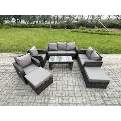 Fimous Hoher Rücken Rattan Gartenmöbel Sets mit Rechteckiger Couchtisch Liegestühle 2 hohen Hockern 3-Sitzer Sofa (1/5)