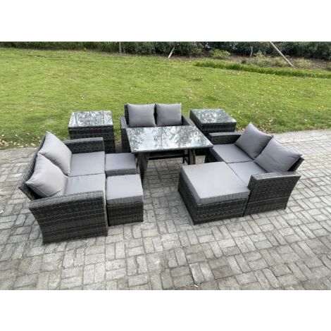 Fimous Garten Sofa im Freien Set Polyrattan Gartenmöbel Set mit Rechteckiger Esstisch 2 Seat Sofa 3 Hockern 2 Beistelltischen Dunkelgrau Gemischt (1/5)