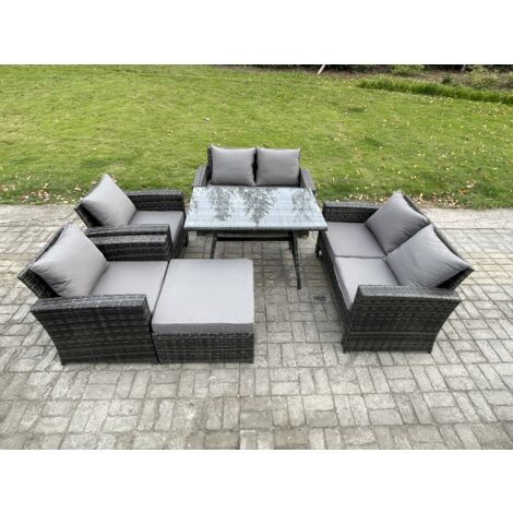 Fimous Polyrattan Gartenmöbel Set 7-Sitzer Polyrattan Garten Sofa im Freien Set mit Rechteckiger Esstisch Loveseat Sofa Dunkelgrau Gemischt (1/5)